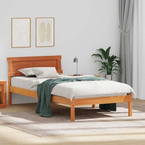 QJBSAVVA Bettrahmen Wachsbraun 100x200 cm Kiefer massiv mit USB Anschluss Modernes Bettgestell Einzelbett ohne Boxspring für Schlafzimmer Jugendzimmer Gästezimmer