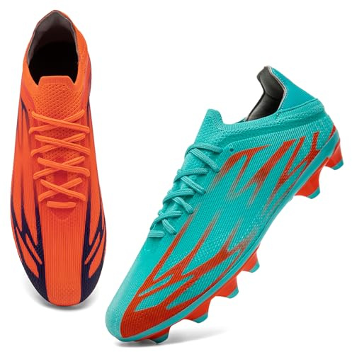 ASOCO DREAM Chaussures de Football Homme Spikes Crampons de Futsal Professionnel Athlétisme Entrainement Adolescents Chaussures de Sport,Orange/Turquoise,45 EU