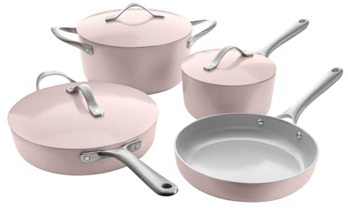 ProCook Soho Dusky Pink Cookware Set Ceramic Non Stick PFAS Free Aluminium Induction and Oven Safe 4 Piece Pots and Pans Set 18cm 24cm 26cm