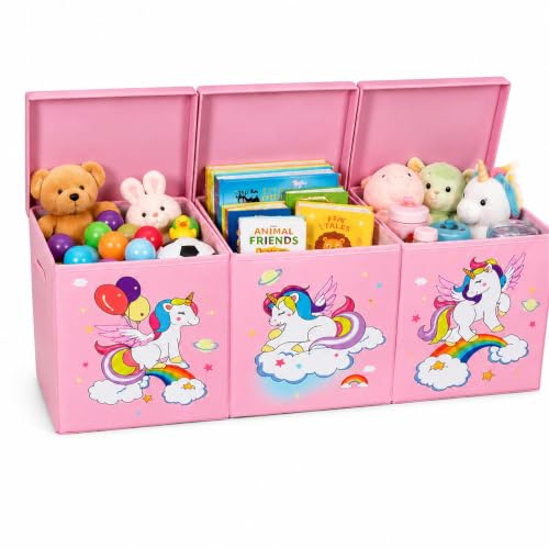 GOOGO Spielzeugkiste Mit Deckel, Große Faltbare Spielzeug Aufbewahrungsbox für Kinderzimmer, Spielzeugbox mit Deckel für Bücher, Plüschtiere und Kleidung, 98 x 34 x 40 cm (Rosa)