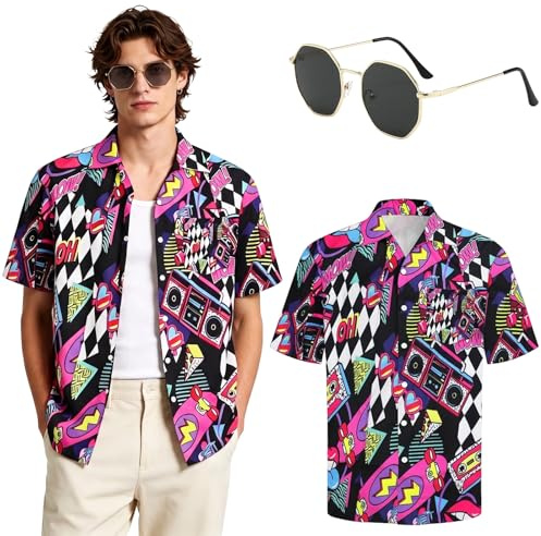 YYDSXK Chemise Hawaienne Homme Annee 90, Chemise Hawaïenne à Manches Courtes et Lunettes, Deguisement Annee 80 Homme, Haut à Manches Courtes Années 80 pour Loisirs Estivaux, Vacances, Carnaval
