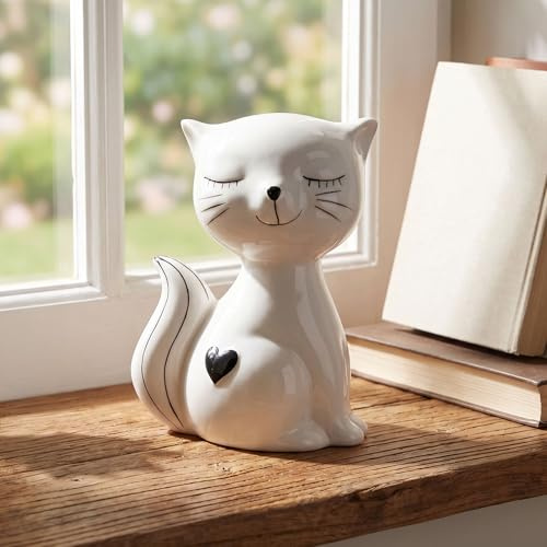 levandeo Katze Deko Figur Keramik H17cm Schwarz Weiß Skulptur Tischdeko Herz Wohndeko Katzenfigur Geschenk