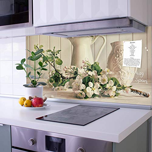 banjado Küchenrückwand Glas ohne Bohren 100x50cm – Glasrückwand Küche mit Motiv Kirschblüten/Spritzschutz Küchenrückwand Glas/selbstklebende Küchenrückwand Platte - magnetisch & beschreibbar
