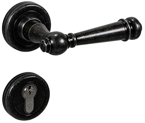 GedoTec Design Drückergarnitur Vintage | 1 Stück Türbeschlag Antik Schmiedeeisen Türklinke Zimmertüren - SILVRETTA-R | PZ- Zylinder | Türdrücker schwarz | Türgriffe im Landhaus-Stil mit Schrauben