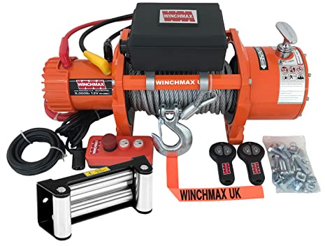 Winchmax 15000lb / 4082kg verricello Elettrico Originale Arancione 12v. Cavo in Acciaio da 24 m 9 mm. Gancio a Cerniera da 3/8 di Pollice. Conformità EN14492. Doppio Telecomando Senza Fili