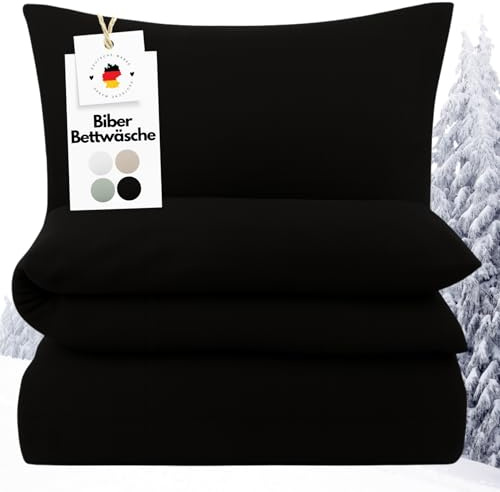 Carpe Sonno Biber Bettwäsche 155x220 cm Winter – Schwarz Baumwolle | Flauschige Winterbettwäsche aus 100 % Baumwoll-Flanell | Deckenbezug mit Reißverschluss + Kissenbezug 80x80 | wärmend