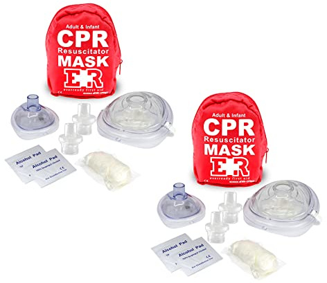 Ever Ready First Aid Adult and Infant CPR Mask Combo Kit with 2 Valves with Pair of Vinyl Gloves & 2 Alcohol Prep Pads - Red (2)