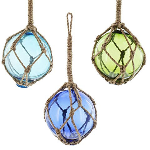 FRANK FLECHTWAREN Maritime Deko-Glaskugel Netz im 3er Set Maritim, Verschiedene Dekorationsmöglichkeiten, ca. Ø 9 cm, GH 25 cm