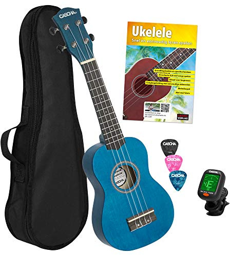 CASCHA Sopran Ukulele Set Niederländisch - für Kinder & Erwachsene I Starter Kit mit 3 Plektren Tasche holländisches Lehrbuch mit DVD Stimmgerät I Aquila Saiten Nylon I Kleine Hawaii Gitarre Blau
