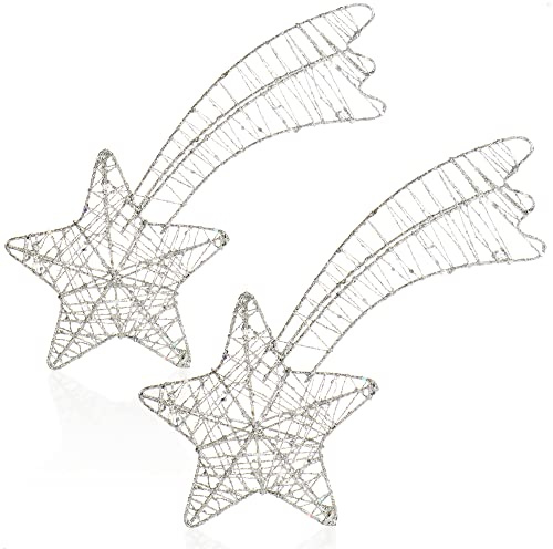 COM-FOUR® 2X Estrellas Decorativas Navidad, Estrella de decoración navideña de Metal, pie de Flor de Pascua Blanca con Purpurina