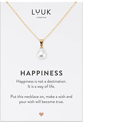 LUUK LIFESTYLE Collana con Ciondolo Perla in Acciaio Inossidabile e carta Regalo HAPPINESS, Gioielli Donna, Amicizia, Idea Regali per Lei, Ragazza, Madre, Portafortuna, Oro (50cm c.)