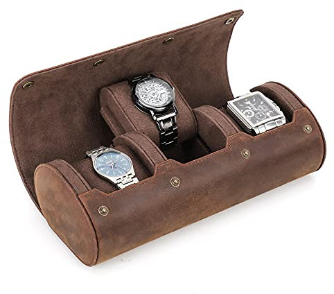 CONTACTS Genuine Leather Watch Case Roll Travel for Men & Women,Watchse Storage Box Protector Sleeve 3 slots watches Organizer Display Case Fits All Wrist Watches & Smart Watches Up to 50mm