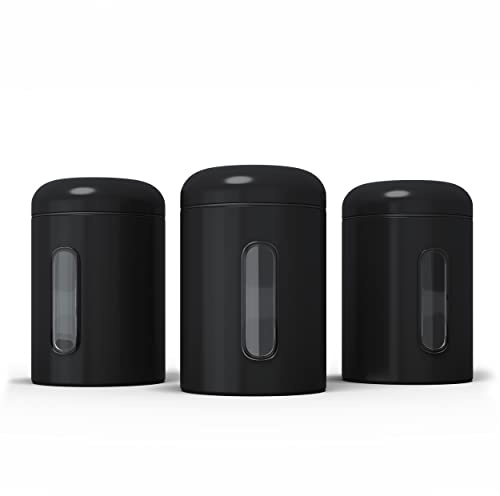 stardis Förvaringsburkar, set med 3 1,9 l med lock och visningsfönster för mat, robust förvaringsbehållare, metallbehållare för kaffe, te, flingor, kaffebehållare, anti-fingeravtrycksbeläggning, svart