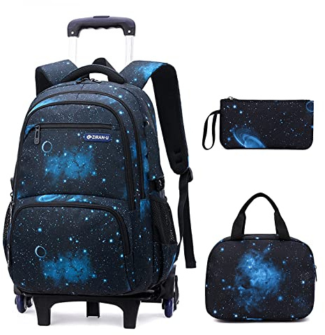 3Pcs Boys Galaxy Rolling Backpack Kids Backpack with Wheels Trolley Bookbag Wheeled School Bag with Lunch Bag