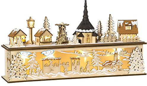 HOMCOM Village de Noël Lumineux en Bois Décoration de Noël Maison Miniature sur Table avec 10 LED Blanc Chaud - 45 x 10 x 25 cm