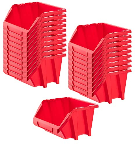 KADAX Caja apilable para taller, pequeña caja clasificadora de plástico PP, en diferentes tamaños y colores, cajas de almacenamiento para pared de herramientas (rojo, 20 unidades, 272 x 238 mm)