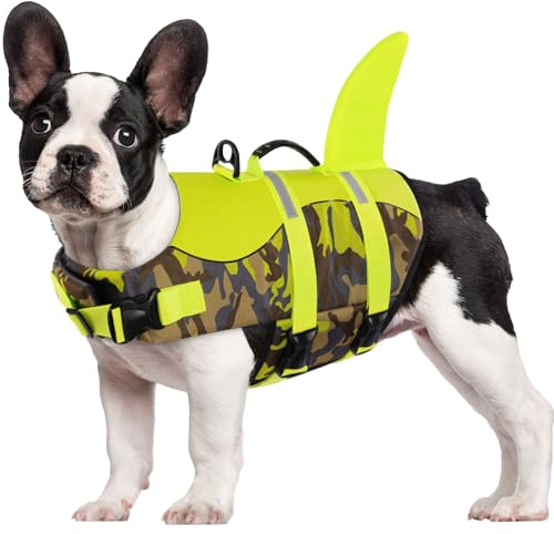 CITÉTOILE Simväst hund haj för små stora hundar, hund flytväst med hajfena haj, haj hund liv jacka, grön kamouflage flytväst för hundar med handtag och reflekterande, grön kamouflage, M