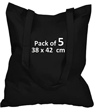 Cotton Bags for Grocery, Plain Tote Bags to Decorate, eco-friendly Canvas Tote Bags made with Premium Quality 100% Cotton Fabric Are Reusable Blank - Size 38x42cm+70cm long Handle (Pack of 5-Black)