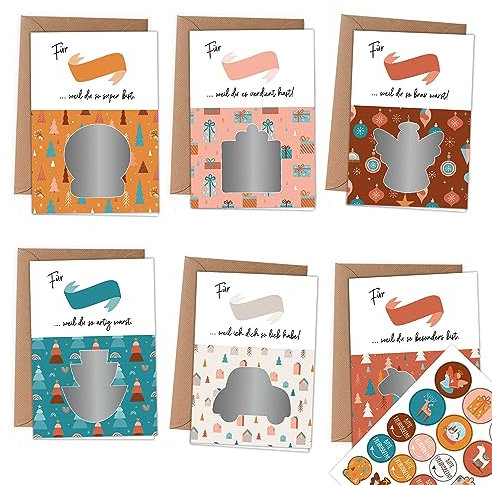 Papierdrachen 6 Weihnachtskarten zum Freirubbeln DIN A6 mit Umschlägen & Aufklebern – kreative Klappkarten für besondere Weihnachtsgrüße - Motiv Boho