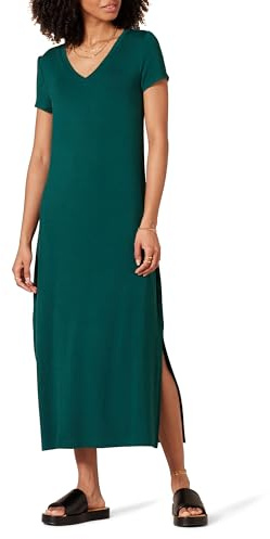 Amazon Essentials Vestido Midi de Punto de Manga Corta con Escote en Pico Mujer, Verde Oscuro, XXL