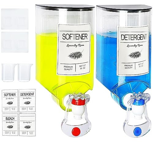 2 Pack Wall Mounted Laundry Soap Dispenser, Fabric Softener and Liquid Dispenser With Spigot for Laundry Room Organization and Storage, 4 Removable Labels, Measuring Cups