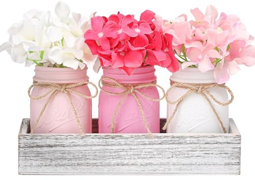 Valentines Mason Jar Centerpiece for Table with Wood Tray, Pink Painted Decorative Mason Jars for Valentines Decorations Table Kitchen Decor, Mothers Day Mason Jar, Mom Gift for Women