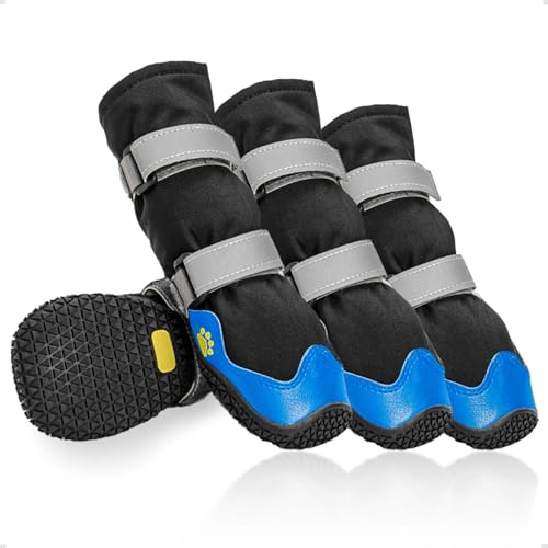 OHCOZZY Hundeschuhe mit reflektierenden Riemen, hohe Hundestiefel wasserdicht, Anti-Rutsch verschleißfeste Gummisohle Hundeschuhe Pfotenschutz fürkleine, mittlere und große Hunde(Größe M, Blau)