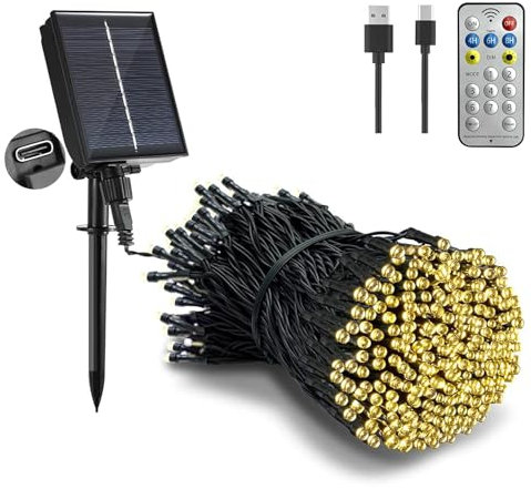 Tacobey Solar Weihnachtsbeleuchtung Außen Warmweiß -20M 200 LED Lichterkette Aussen Solar mit Fernbedienung, 8 Mode, Wetterfest, für Outdoor Gartern Terrasse Balkon Deko