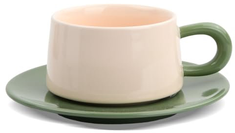 PTJJXA Tazze da Caffè da 220 ml, Set di Tazza e Piattino, Tazzine Caffe e Cappuccino, Tazza da Tè Pomeridiano, Tazze Colazione Mug Ceramica, Tazze da Espresso con Manico per Latte, Moka (Verde)