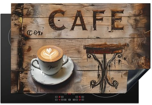 KitchenYeah© Herdabdeckplatte Einteilig Herdabdeckung Abdeckplatte | 80x52 cm - Ceranfeld Abdeckung Induktionskochfeld Aufrollbare Matte Cafe - Holz - Kaffee - Regale