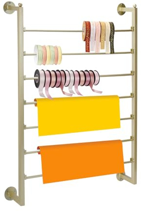 ikare Band-Aufbewahrungs-Organizer, Wandmontage, Geschenkpapierregal, 7-stöckig, Metallband-Aufbewahrung für Bastelzimmer, Blumenladen, Geschenkpapier, goldfarben