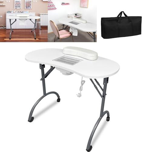 Suusolny Faltbar Nageltisch Maniküretisch mit Staubabsaugung 90 x 44 x 77 cm Nagelarbeitstisch Maniküre-Arbeitstisch Mobilesmanikürtisch Nagelstudio Tisch auf Rädern Weiß