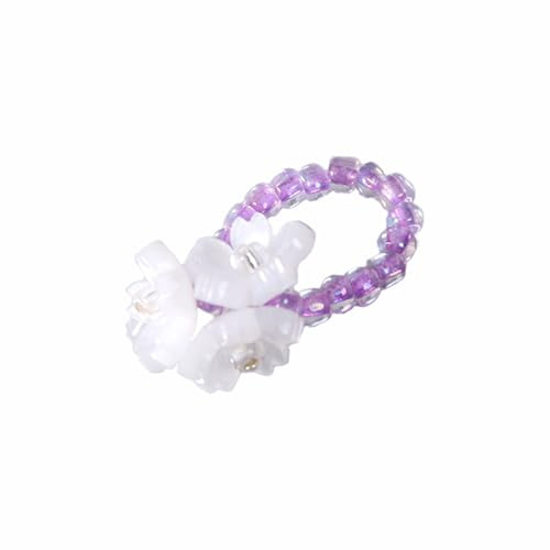 hadico Perlenringe für Frauen, Mini-Harz-Blumen, elastische Ringe, violett-weiße Blumen-Charms für Harz-Kunsthandwerk für Frauen, Party, tägliches Accessoire, Geschenke, Metall, Kein Edelstein