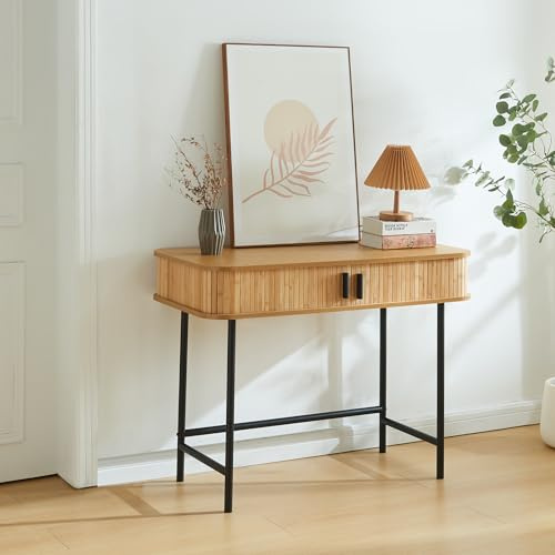[en.casa] Konsolentisch Tvedestrand Konsole mit 2 Türen Flurtisch Ablagetisch Beistelltisch mit Stauraum 100 x 50 x 76 cm Metallgestell Telefontisch Holzfarben