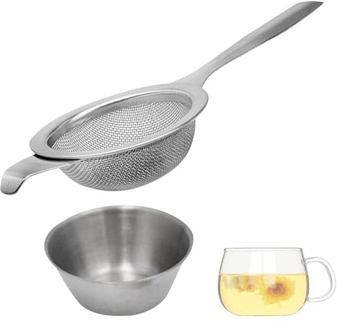 Tea Strainer and Bowl, Stainless Steel Tea Fine Mesh Strainer Tea Filter, Cooking Sieve Loose Leaf Tea sieves and strainers with Non Slip Handle for Sifting Dry Ingredients, Flour, Pastas, Rice, Tea