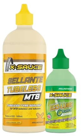 Genérico X-Sauce Kit MTB: Sellante Tubeless 500ml Lubricante Biodegradable de Cera 125ml con Aditivos Antifricción para Cadena en Clima Seco o Húmedo, Verde