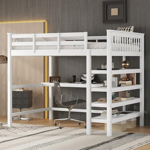 Furu MDF-loftsäng 140x200 cm, barnvåningssäng med fästfickar, undersängsskrivbord, vit/grå, utan madrass, utrymmesbesparande, säker, med stödlameller och stege