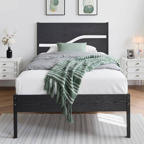 VECELO Estructura de Cama de 90 x 200 cm, Cama de Metal con cabecero de Madera y somier de láminas, Moderno, con Espacio de Almacenamiento, Ideal para Dormitorio, Color Negro