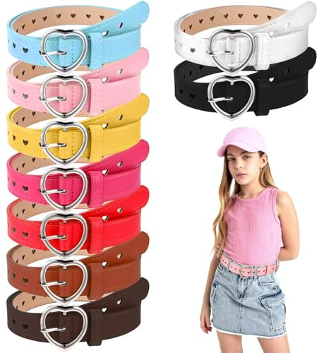 DIVINA VITAE 9 Pcs Girls Belt Size 6-12 Kids Hollow Heart Belt PU Leather Waist Belt with Metal Buckle Girls Elastic Belt Adjustable Waist Belt Kids Belts for Girl Dress Pants Jeans