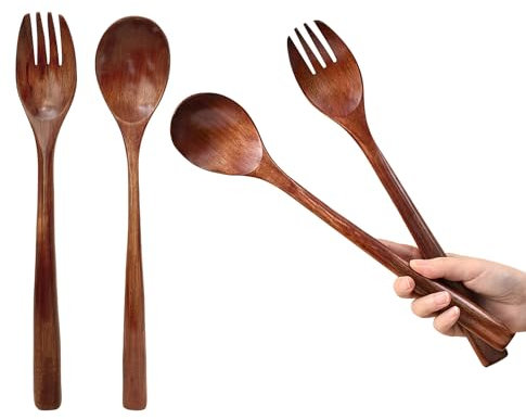 UPTALY 4 pcs Wooden Salad Servers (12.6'' x 2.6''), Extra Long Handle Serving Spoon, Natural Phoebe Wood, Large Size Salad Tosser, Salad Spoon and Fork Set, for Mixing and Cooking (2 Forks +2 Spoons)