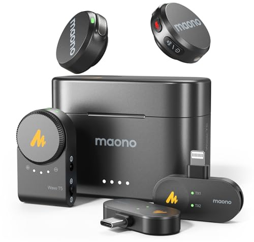 MAONO Wave T5 Mini microfono (2TX+3RX) per iPhone, Android, fotocamera e PC - Microfono Lavalier senza fili con audio Hi-Fi 48 kHz/24 bit, durata 30 ore, cancellazione del rumore. Ideale Mini Mic