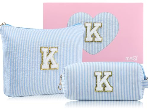 MSQ Buchstaben Kosmetiktasche Damen Mädchen,2 Stück A-Z Buchstaben Schminktasche Geschenke für Mädchen Teenager Frauen Geburtstagsgeschenke für Freundinen Schwestern (Blau K)