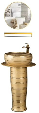 CAFIEDR Lavabo de Pedestal Dorado, Lavabo de pie de Lujo con Grifo, desagüe y Espejo, Conjunto de 3 Piezas de Lavabo de Columna para baño.(D)