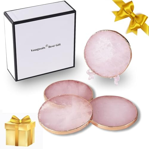 Yougoals Rosenquarz-Untersetzer mit Ständer (4 Stück), rosa runder Achat-Untersetzer für Getränke, natürlicher Rosen-Kristallstein mit goldenem Rand, Edelstein-Geoden-Dekor-Geschenke