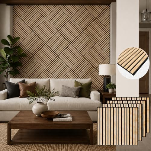 MISSDAY Wood Slat Acoustic Wall Panels, 4 Packs 23.6 x 23.6 Oak Soundproof Panel For Interior Wall Decor Noise Absorbing-3D Textured Wooden Panel Sound-Absorbing for Home, Office, Studio