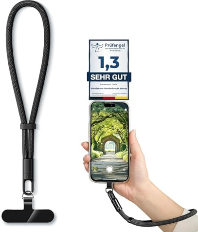 powerland Handykette Kurz, Handschlaufe Handy, Handyanhänger Handyband Handgelenk, Verstellbare Handykette Universal, Band für Handyhülle Lanyards Schlüsselband (schwarz)