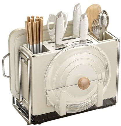 Cream Kitchen Knife Block - Rotating Storage Organiser for Knives/Chopsticks/Cutting Boards, Anti-Slip Bamboo Holder with Utensil Slots​