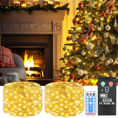 Guirnalda Luces, Tira LED 2 piezas 20M 200 Luces Blanco Cálido, Recargable Batería 3600mAh con Pantalla LCD, USB-C, IP44 Impermeable, 8 Modos, Temporizador, Mando, luz LED Flexible Interior/Exterior