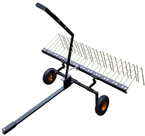 Râteau de tracteur de pelouse avec largeur de travail de 150 cm, étrille avec poignée de levage et 24 dents en acier, aérateur de pelouse pour démousser et briser la feuille sur la pelouse, peigne à