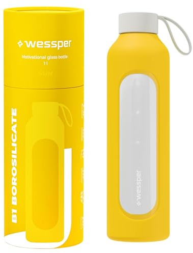 Wessper glasflaska med silikonhölje, borosilikatglasflaska med tidsangivelse 1 liter, sportflaska Perfekt för träning, skola, sport, barn, BPA-fri drickmotivation – Gul